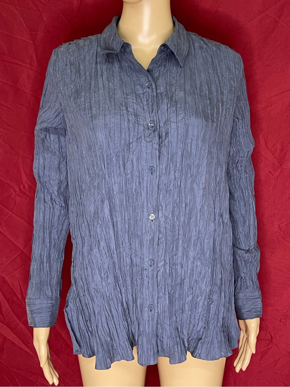 Eileen Fisher Blue Crinkle Silk Blouse PP 4P NWOT - Picture 2 of 10